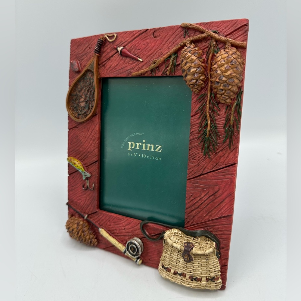 Prinz Lodge Fishing Photo Frame  Fishing Pole Basket 3D Resin 4x6 New With Box